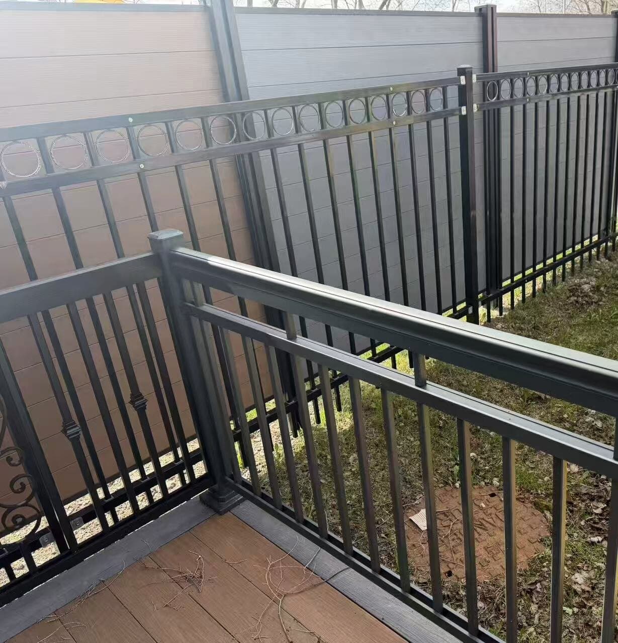 Corner detail of a powder-coated aluminum railing system