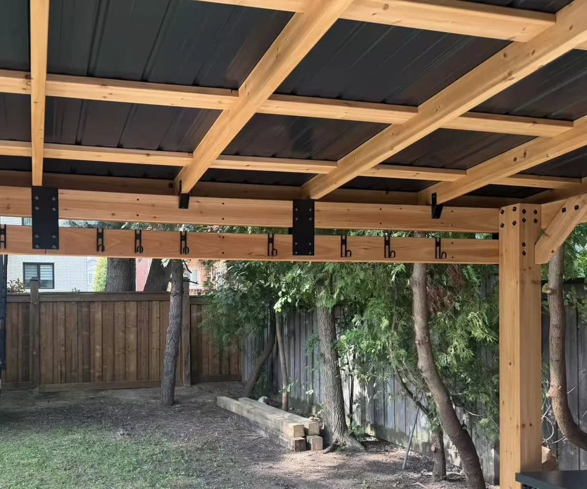 Close view of the timber roof structure on a custom pergola